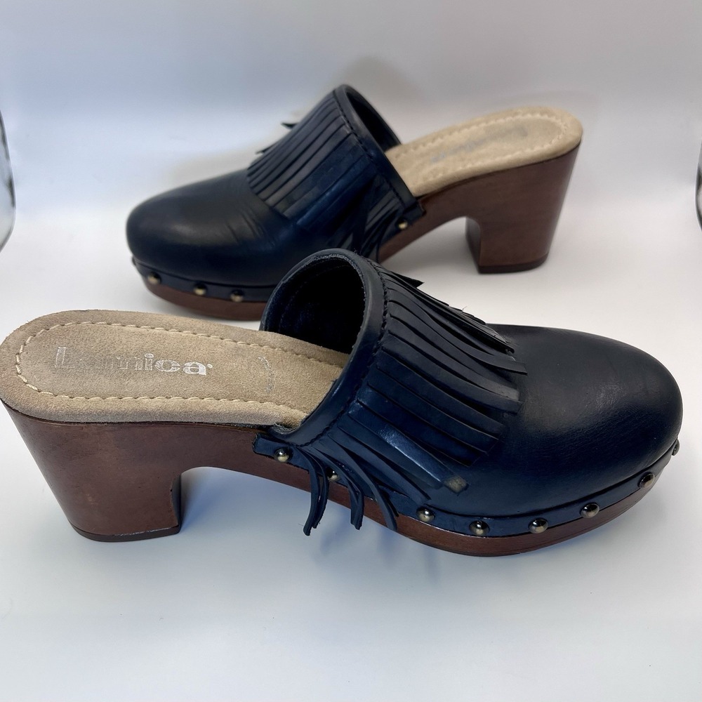 Lamica Navy Clog Leather Fringe Stud Wood Heel Platform Blue Women US 6 36 Italy - Picture 3 of 11